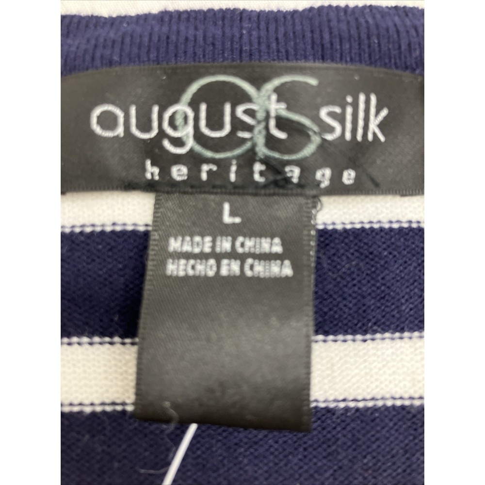 August Silk Heritage Cardigan Women L Navy Blue Striped Lace Applique Nautical - Picture 4 of 7